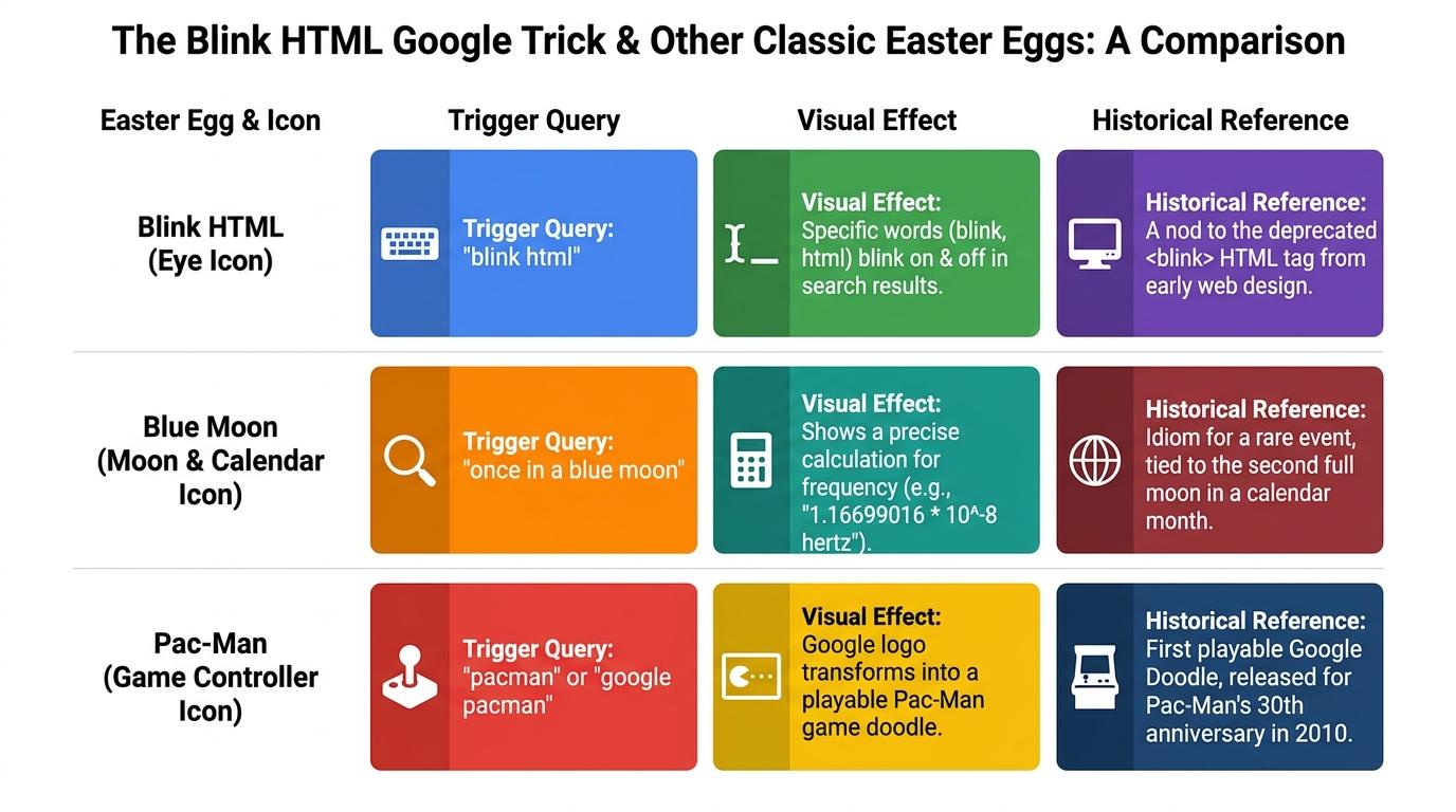 Comparison matrix showing three Google Easter eggs including Blink HTML, Blue Moon, and Pac-Man with their trigger query, visual effect, and historical reference
