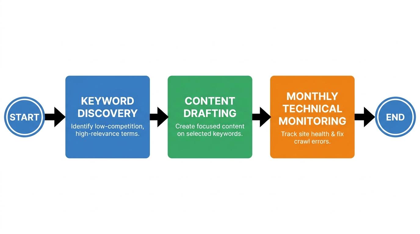 3-step lean SEO workflow showing Keyword Discovery moving to Content Drafting and ending with Monthly Technical Monitoring