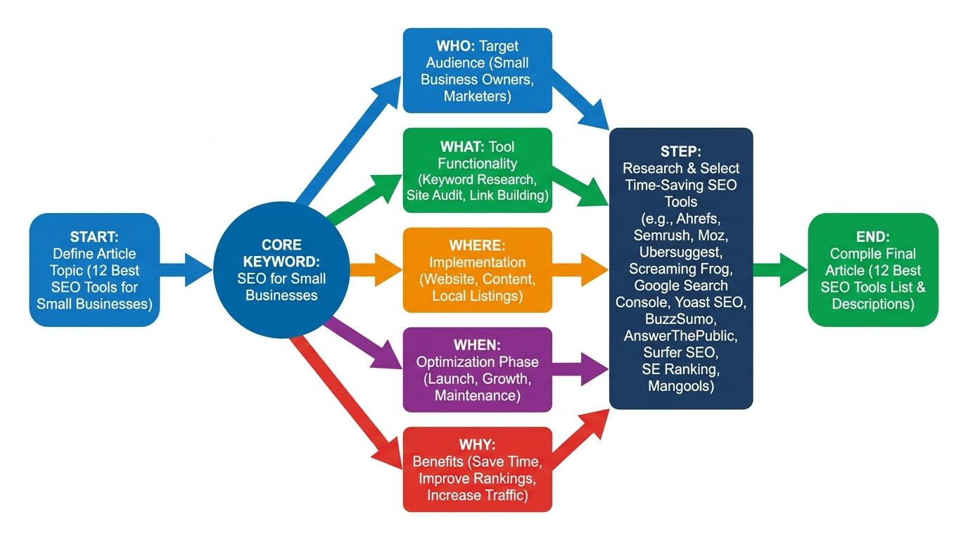 Circular visualization wheel branching a core keyword into who, what, where, when, and why question clusters