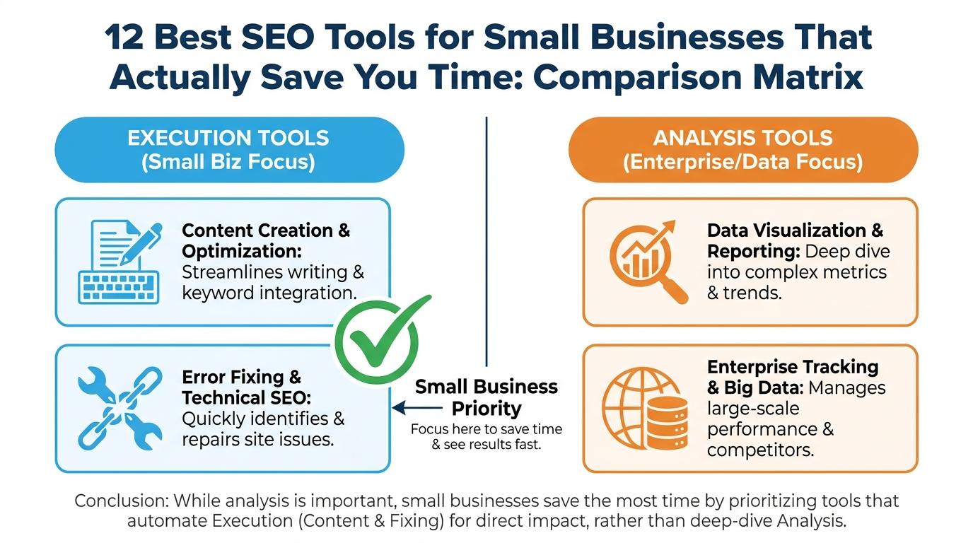 Comparison matrix showing 'Execution Tools' (content creation, error fixing) vs 'Analysis Tools' (data visualization, enterprise tracking) with a checkmark emphasizing execution for small businesses