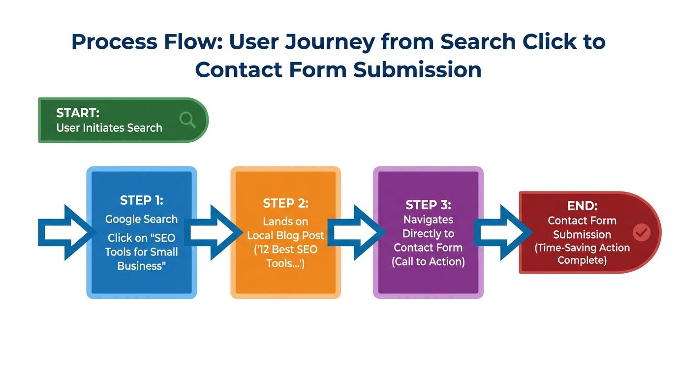 Flowchart mapping a user journey from a Google search click, landing on a local blog post, and navigating directly to a contact form submission