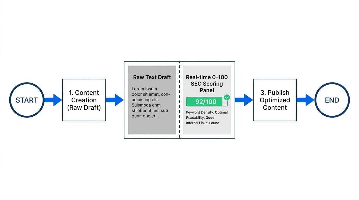 Split-screen workflow graphic showing a raw text draft on the left and a real-time 0-100 SEO scoring panel on the right with a green highlighted score