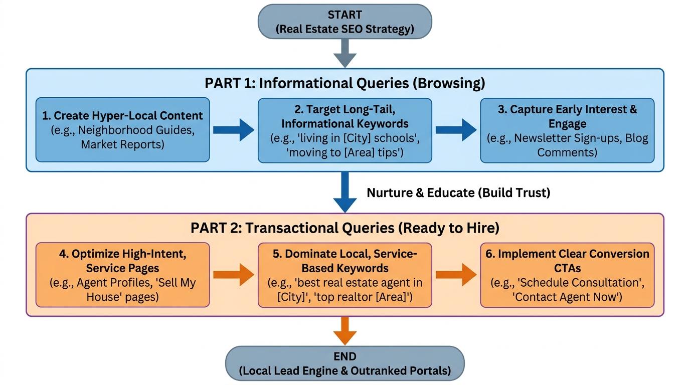 2-part funnel showing Informational queries (Browsing) at the top flowing down to Transactional queries (Ready to hire) at the bottom