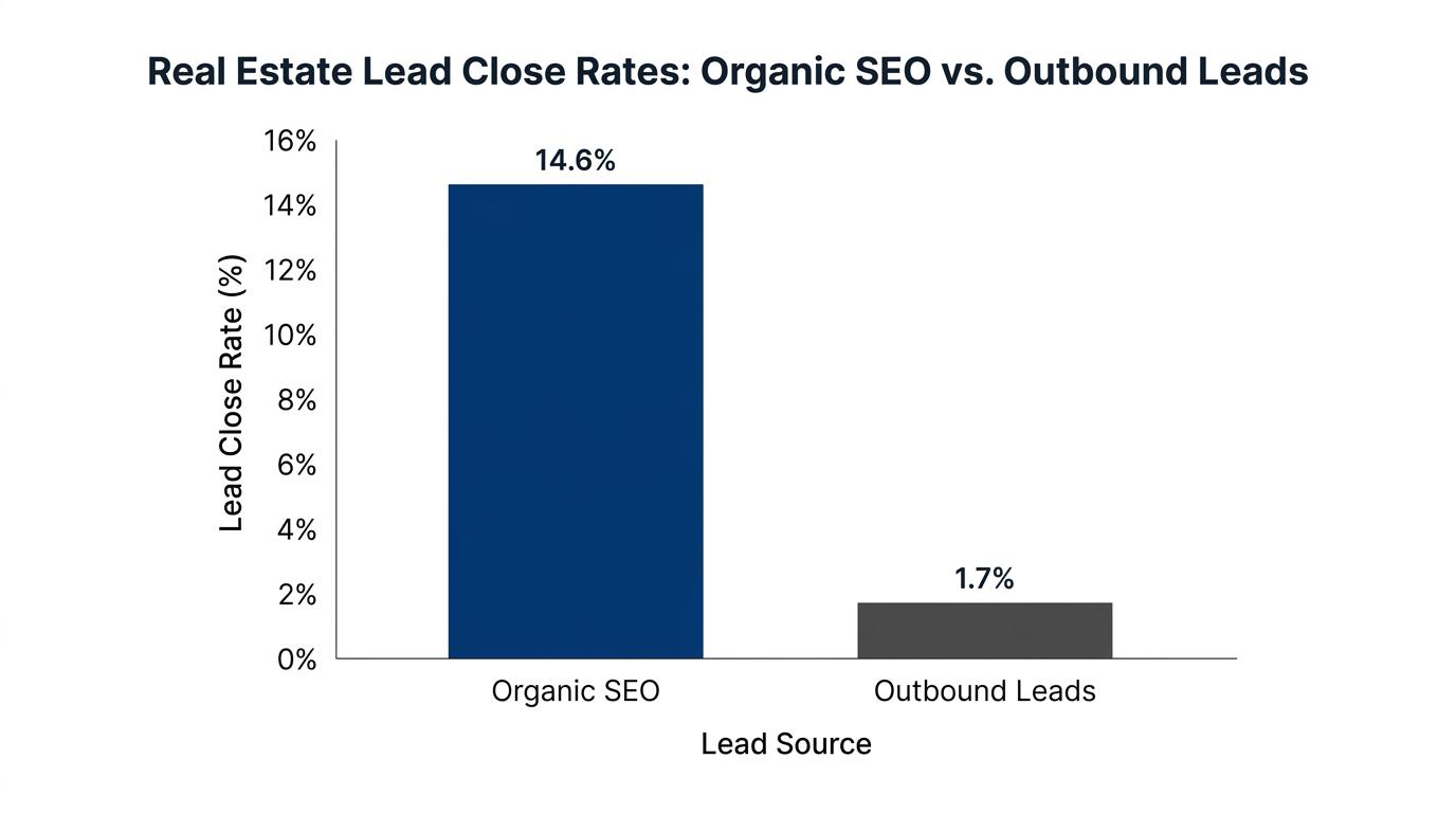 Bar chart comparing lead close rates: Organic SEO (14.6%) versus Outbound Leads (1.7%)