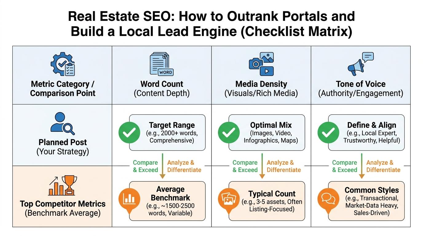 Checklist matrix comparing a planned post against top competitor metrics: Word Count, Media Density, and Tone of Voice
