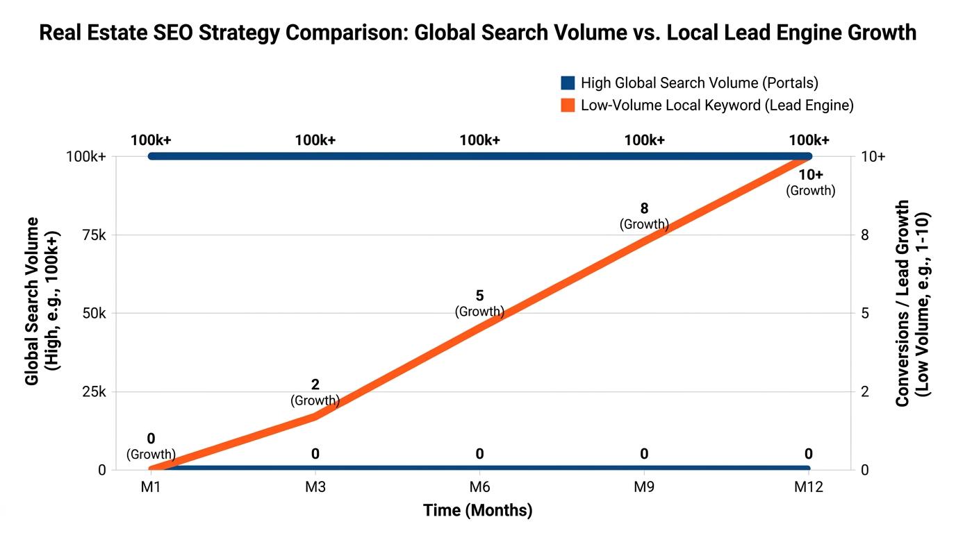 Line graph contrasting high global search volume with zero conversions against a low-volume local keyword generating consistent inbound lead growth