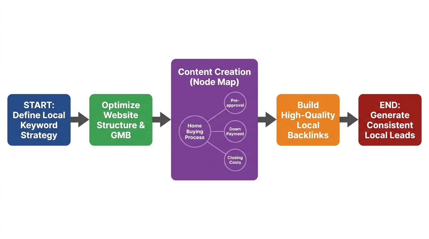 Node map showing a central topic 'Home Buying Process' branching out to sub-topics 'Pre-approval', 'Down Payment', and 'Closing Costs'