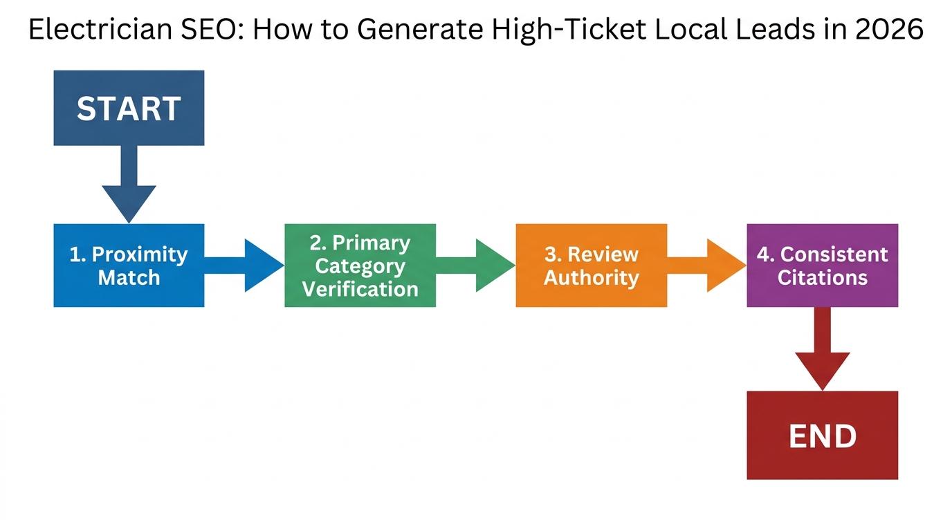 4-step flowchart showing Google Map Pack triggers: Proximity Match → Primary Category Verification → Review Authority → Consistent Citations