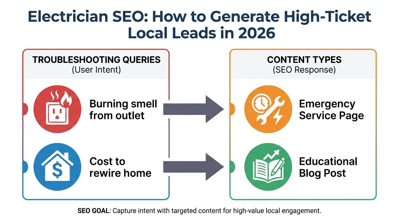 Diagram mapping troubleshooting queries to content types: 'Burning smell from outlet' leads to Emergency Service Page, 'Cost to rewire home' leads to Educational Blog Post