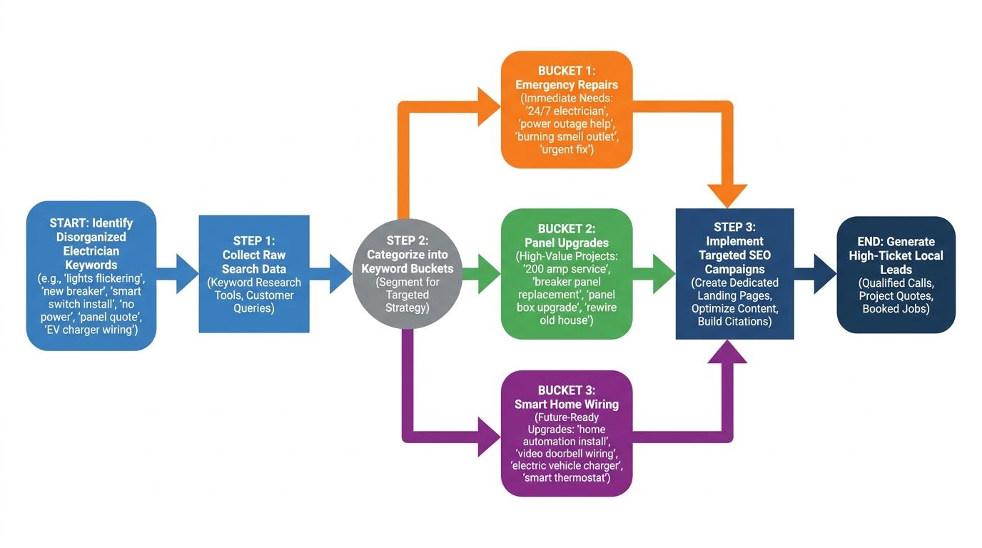 Flowchart showing disorganized keywords categorized into three distinct buckets: Emergency Repairs, Panel Upgrades, and Smart Home Wiring