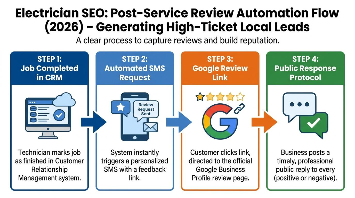 Flowchart showing post-service review automation: Job Completed in CRM → Automated SMS Request → Google Review Link → Public Response Protocol