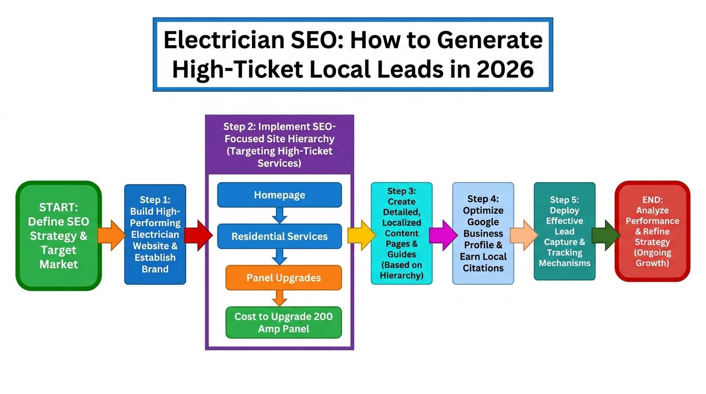 Tree diagram showing website hierarchy: Homepage → Residential Services → Panel Upgrades → Cost to Upgrade 200 Amp Panel