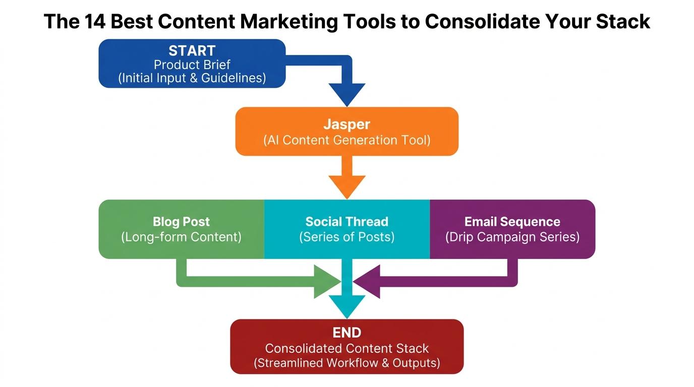 3-step flowchart showing a Product Brief moving through Jasper into 3 outputs: Blog Post, Social Thread, and Email Sequence