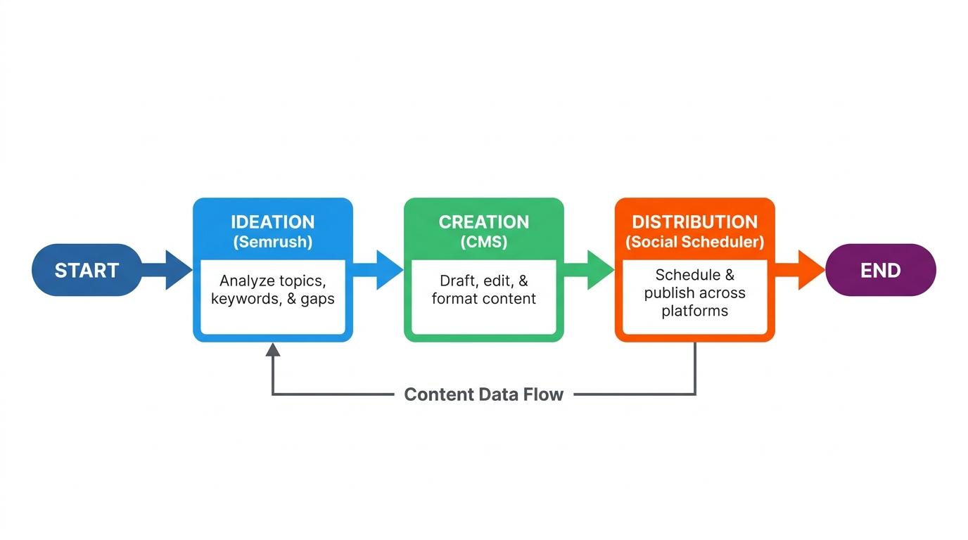 3-step flowchart showing content data moving from Ideation (Semrush) → Creation (CMS) → Distribution (Social Scheduler) with arrows connecting each step