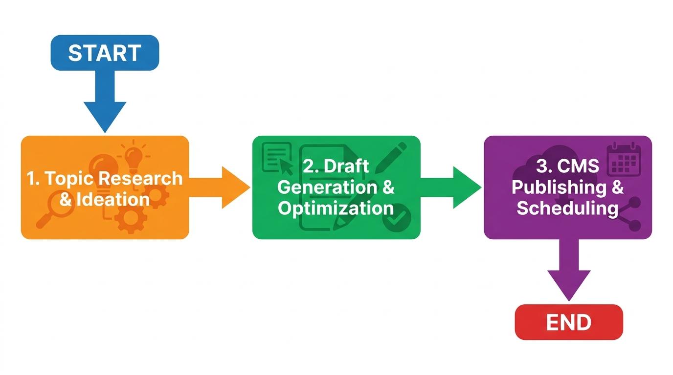 3-step flowchart showing content workflow: Topic Research → Draft Generation → CMS Publishing connected within a single interface