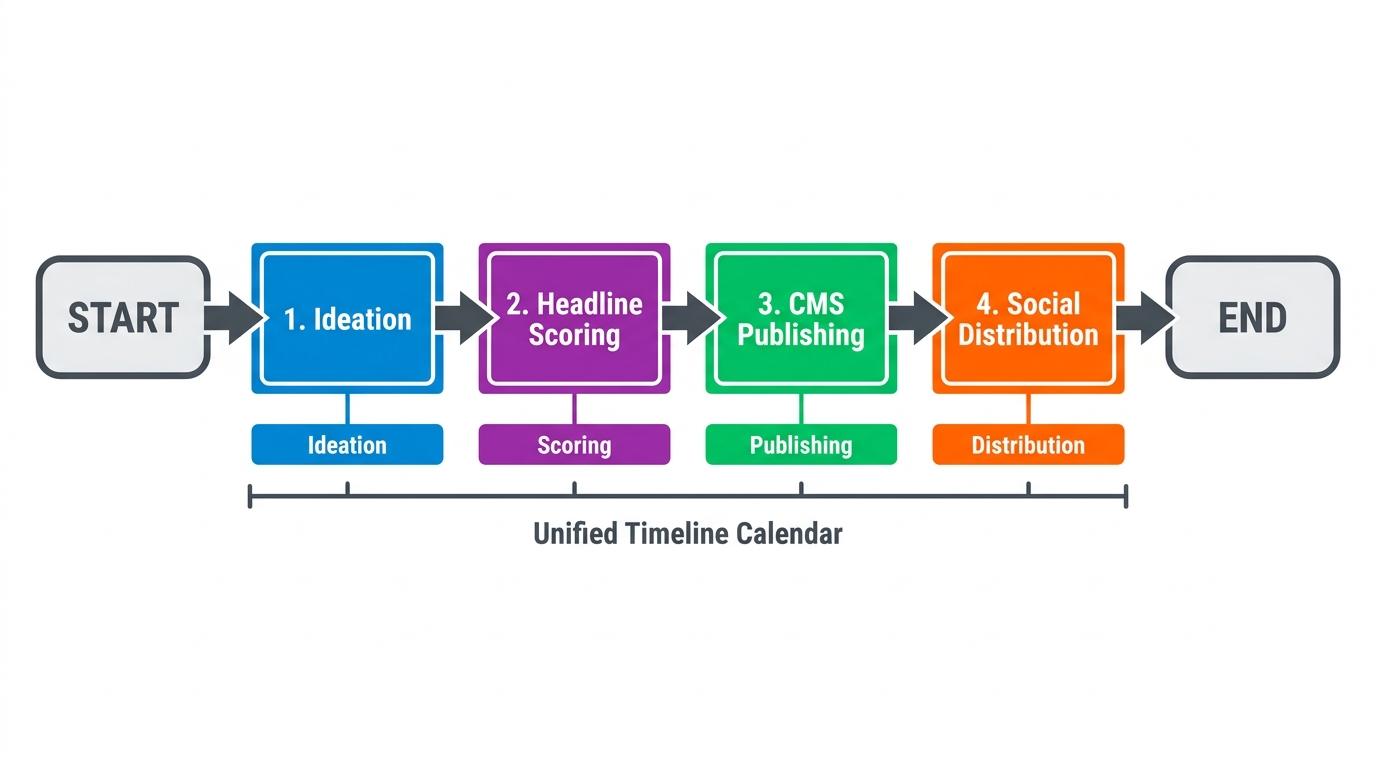 4-step flowchart showing content workflow: Ideation → Headline Scoring → CMS Publishing → Social Distribution across a unified timeline calendar