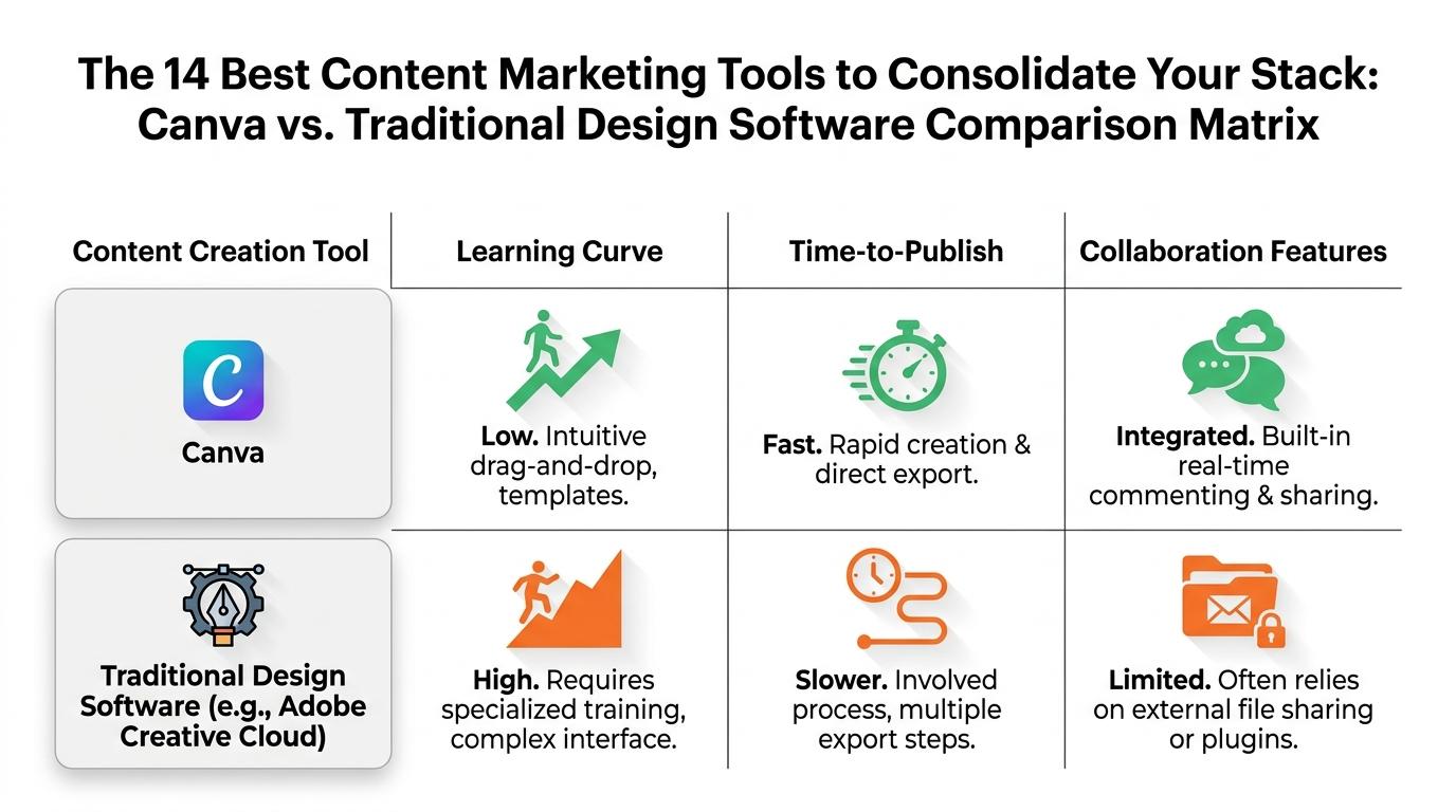 Comparison matrix contrasting Canva and traditional design software across three criteria: learning curve, time-to-publish, and collaboration features