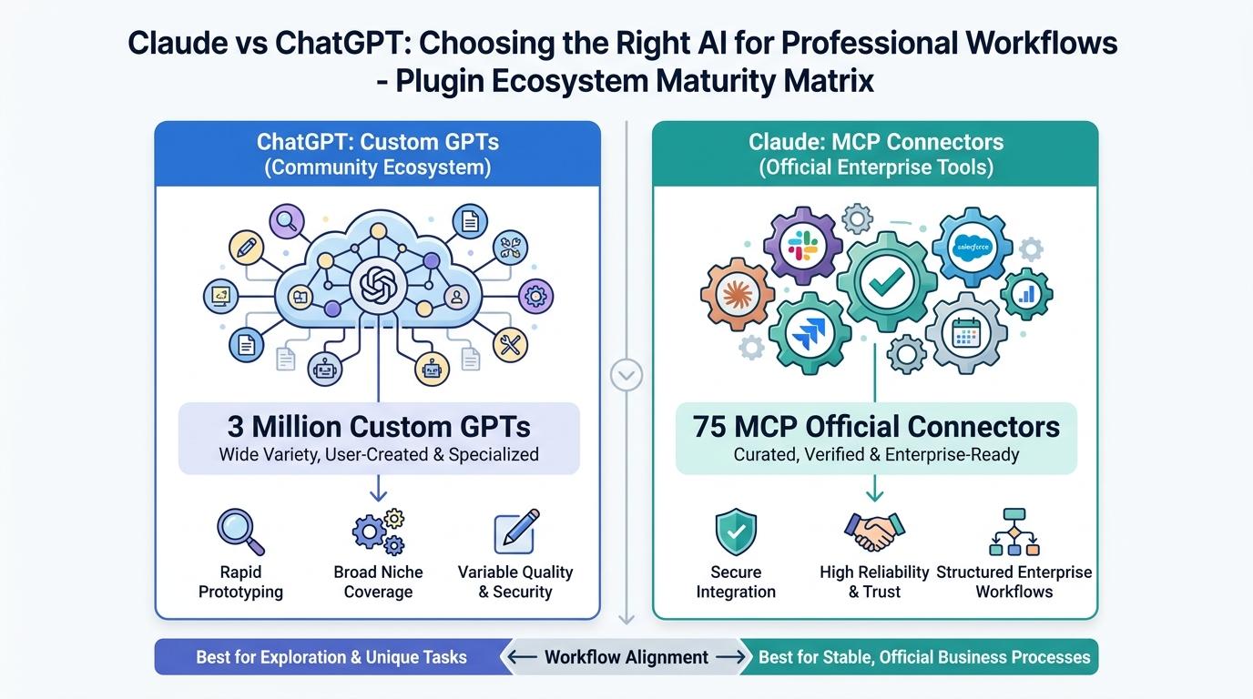 Matrix comparing plugin ecosystem maturity: 3 Million Custom GPTs vs 75 MCP official connectors across common enterprise tools
