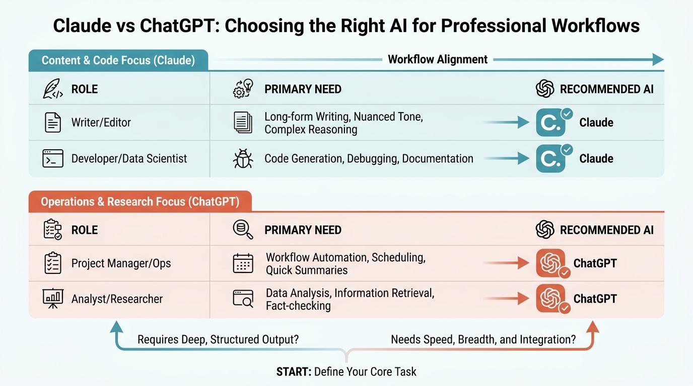 Matrix mapping 3 columns (Role, Primary Need, Recommended AI) showing Content/Code aligning with Claude and Operations/Research aligning with ChatGPT