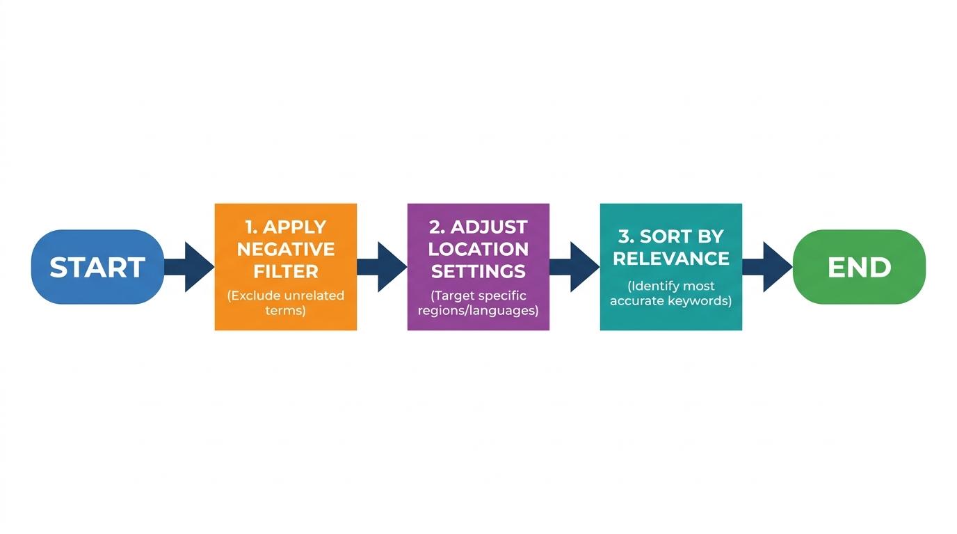 3-step flowchart showing applying a negative filter → adjusting location settings → sorting by relevance