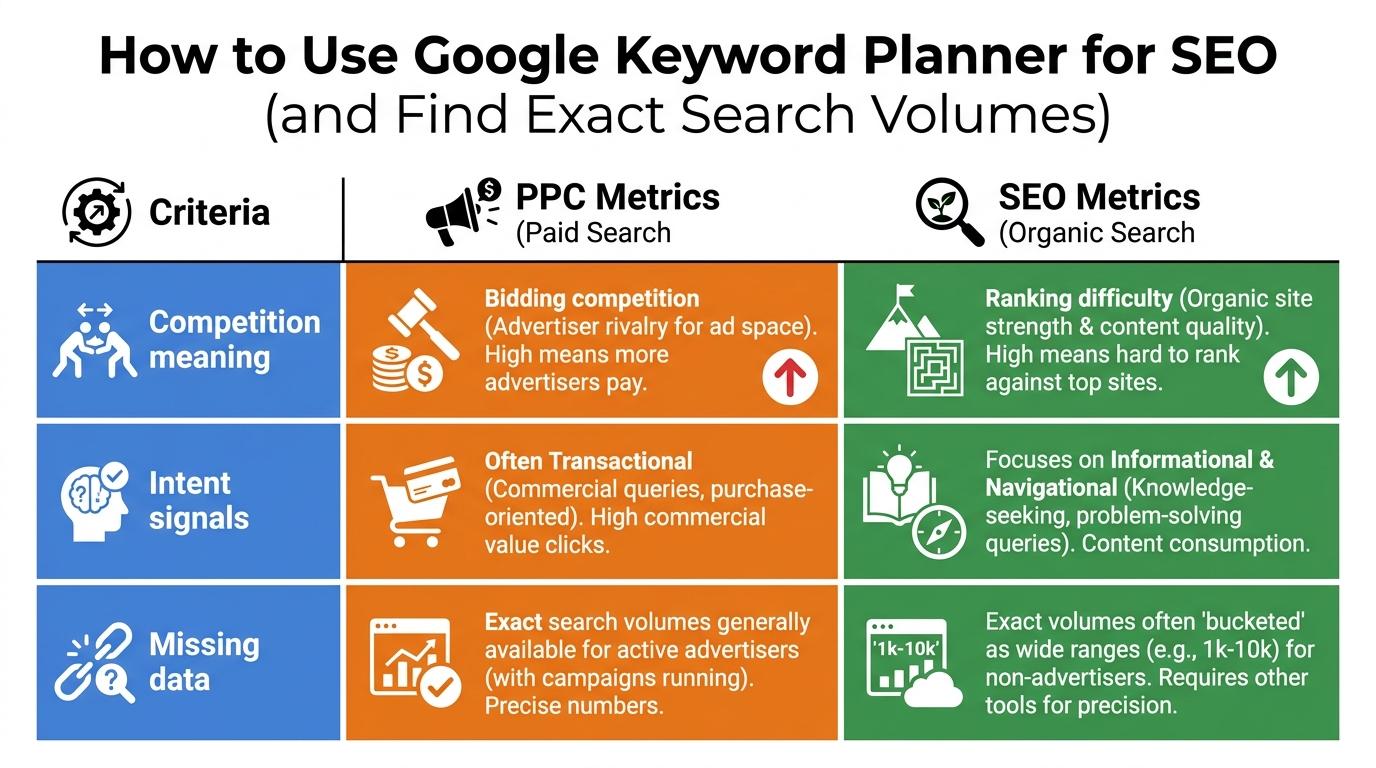 Comparison matrix showing PPC metrics vs SEO metrics across 3 criteria: Competition meaning, Intent signals, and Missing data