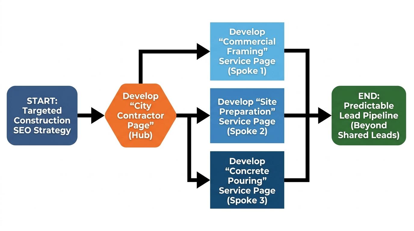 Hub and spoke content map showing a central City Contractor page linking out to specific service pages like Commercial Framing, Site Preparation, and Concrete Pouring