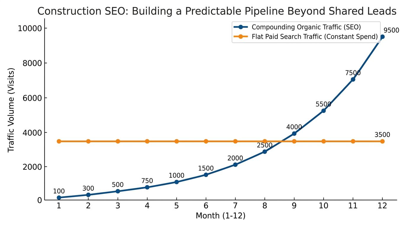 Line graph comparing compounding organic traffic growth over 12 months versus flat paid search traffic with constant spend