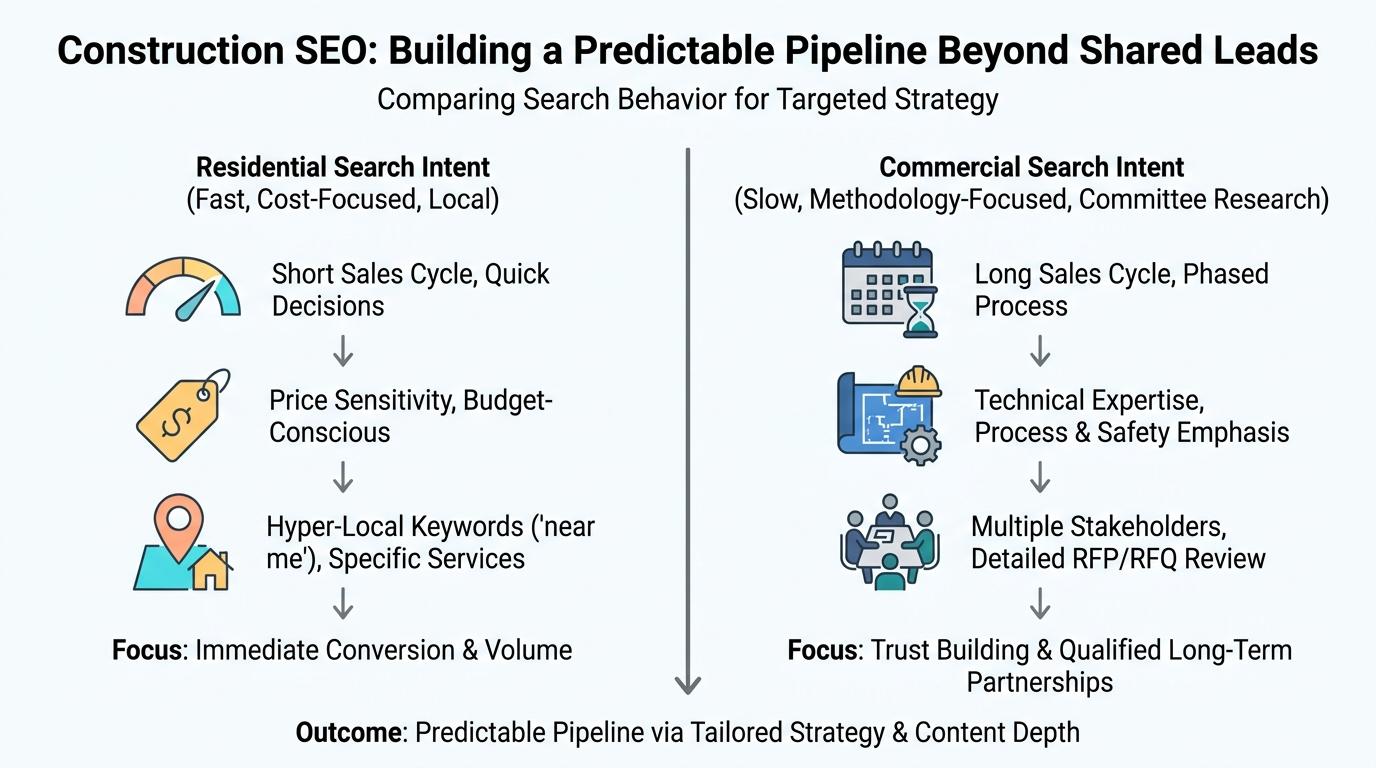 Two-column comparison showing Residential Search Intent (fast, cost-focused, local terms) versus Commercial Search Intent (slow, methodology-focused, committee research)