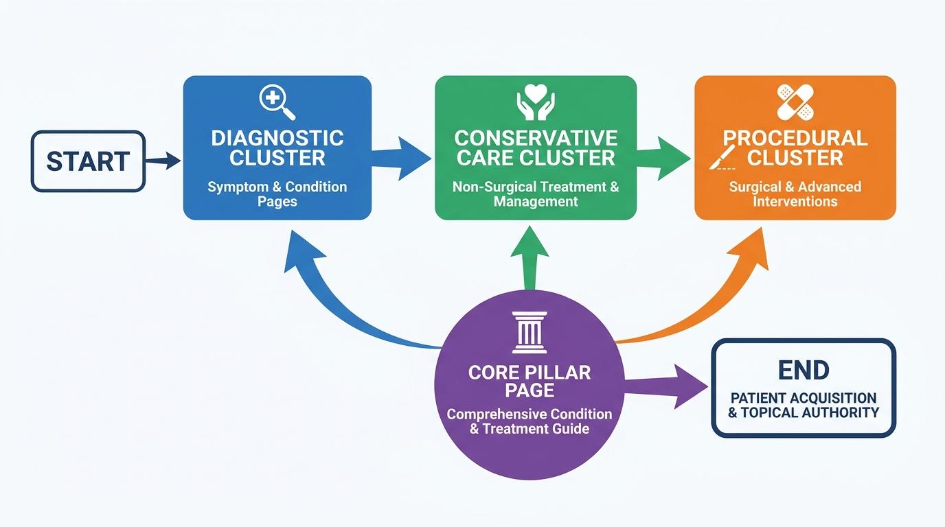 3-stage flowchart showing Diagnostic Cluster → Conservative Care Cluster → Procedural Cluster mapping back to a Core Pillar page