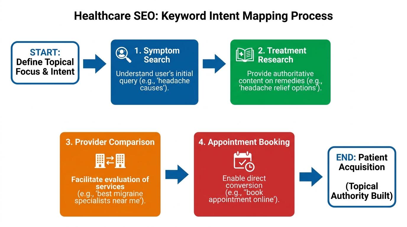4-step flowchart showing Keyword Intent Mapping: Symptom Search → Treatment Research → Provider Comparison → Appointment Booking with arrows connecting each step