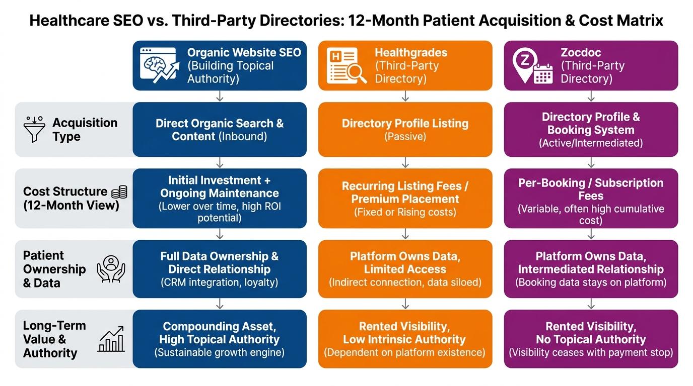 Comparison matrix showing organic website patient acquisition vs. third-party directory costs across Healthgrades and Zocdoc over a 12-month period