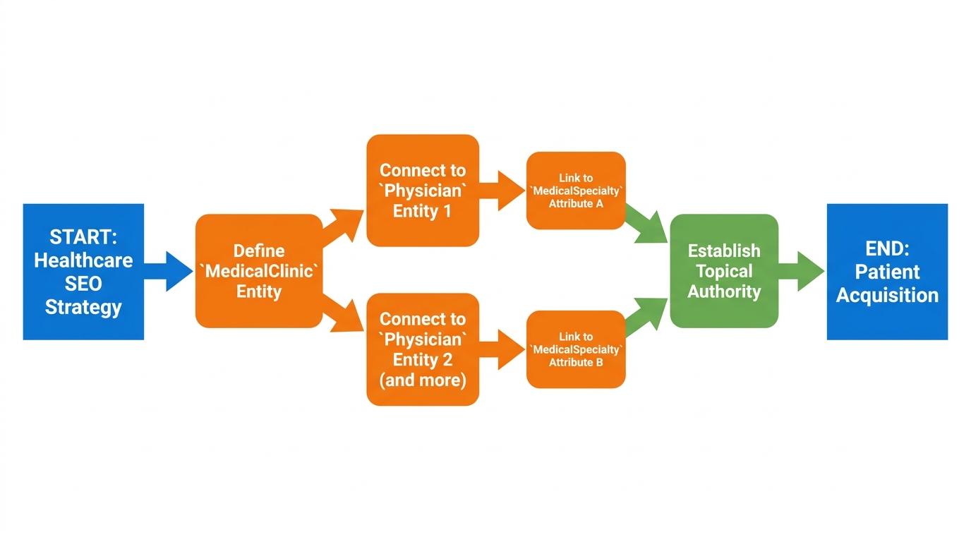 Tree structure showing schema relationships connecting a MedicalClinic entity to multiple Physician entities and their specific MedicalSpecialty attributes