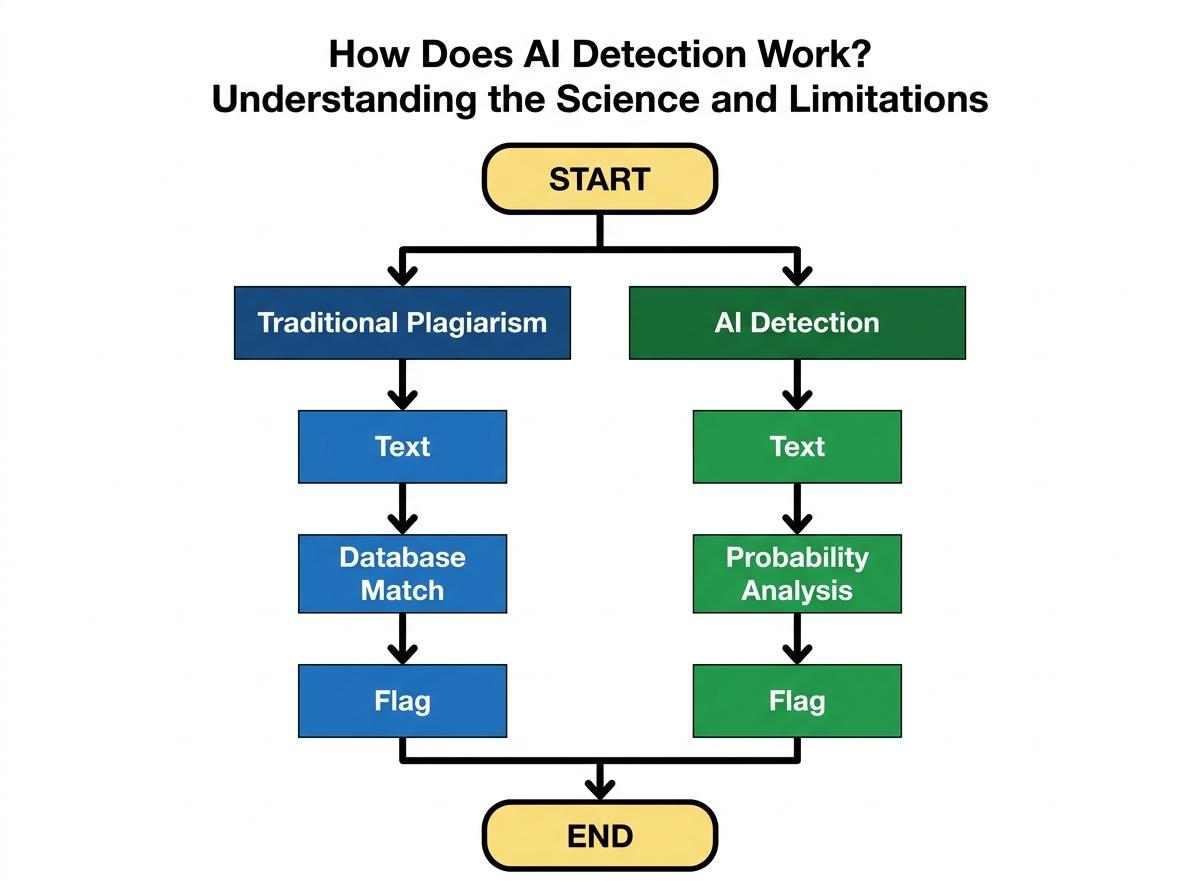 2-column flowchart showing Traditional Plagiarism (Text → Database Match → Flag) vs AI Detection (Text → Probability Analysis → Flag)