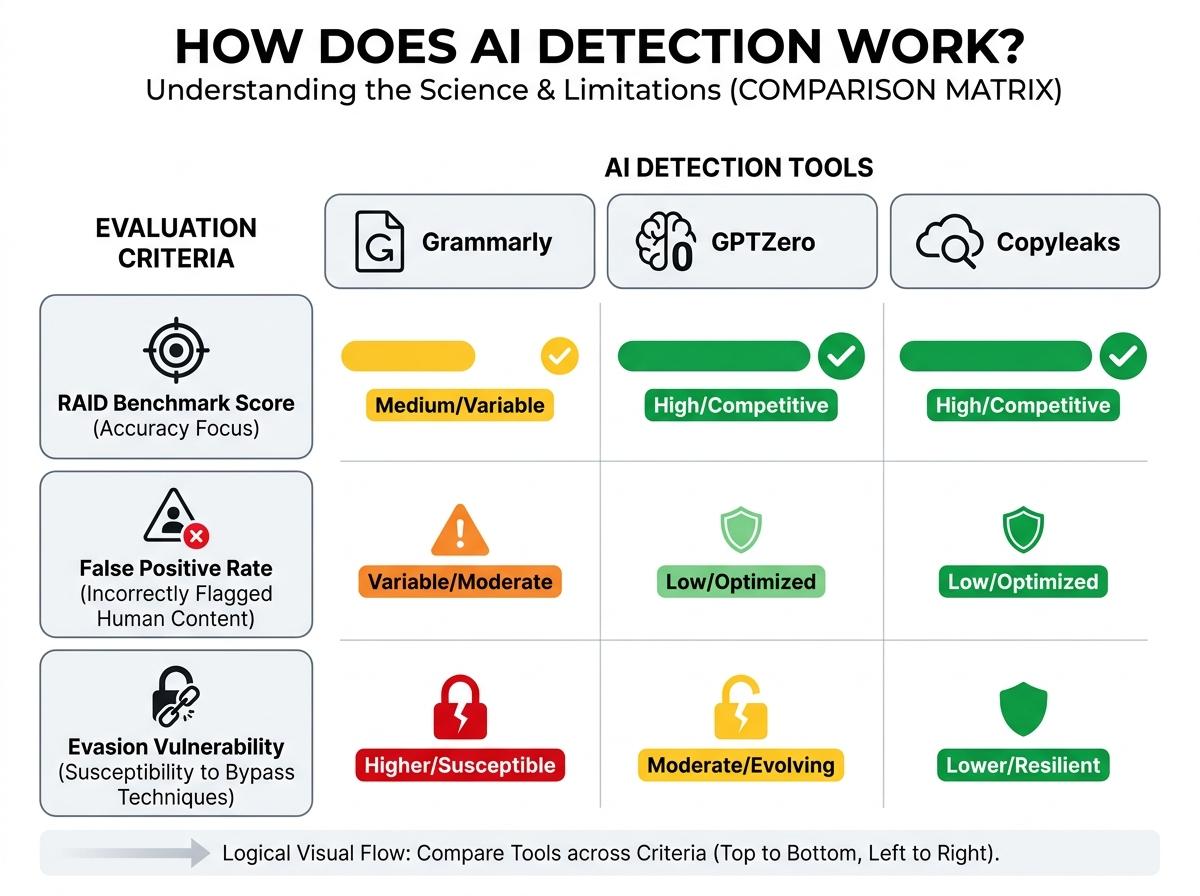 Comparison matrix evaluating Grammarly, GPTZero, and Copyleaks across 3 criteria: RAID Benchmark Score, False Positive Rate, and Evasion Vulnerability