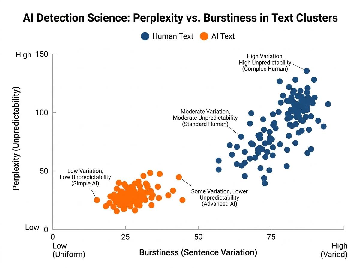 Scatter plot comparing Human vs AI text clusters, with Perplexity on the Y-axis and Burstiness on the X-axis