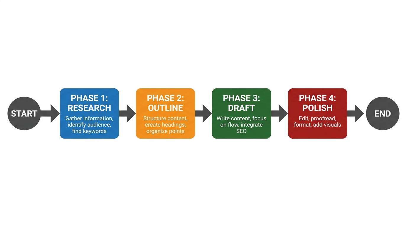4-step horizontal process flow showing Phase 1 Research, Phase 2 Outline, Phase 3 Draft, Phase 4 Polish with connecting arrows