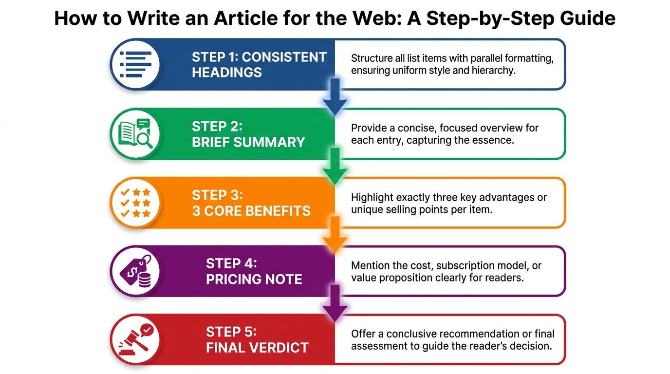 5-point checklist summarizing listicle structure requirements: Consistent Headings, Brief Summary, 3 Core Benefits, Pricing Note, Final Verdict