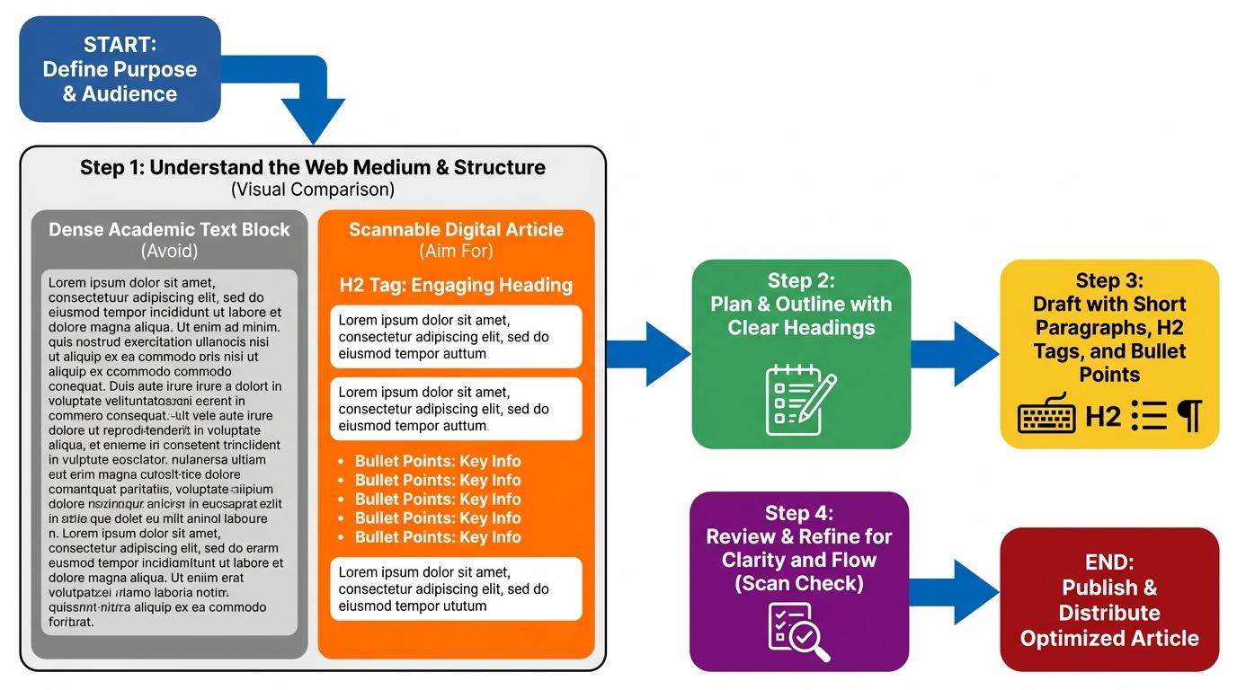 Visual breakdown comparing a dense academic text block on the left with a scannable digital article on the right, highlighting H2 tags, bullet points, and short paragraphs