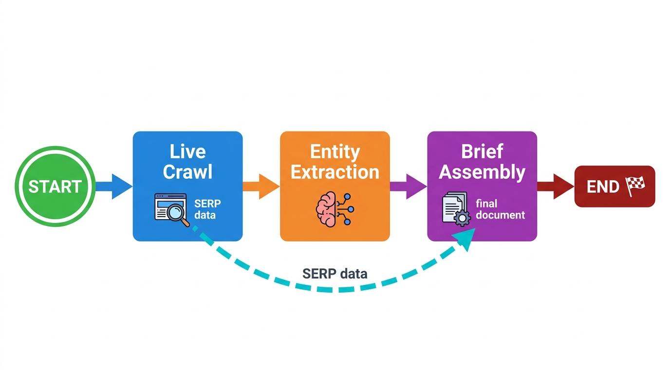 3-step flowchart showing Live Crawl → Entity Extraction → Brief Assembly with arrows mapping SERP data to the final document