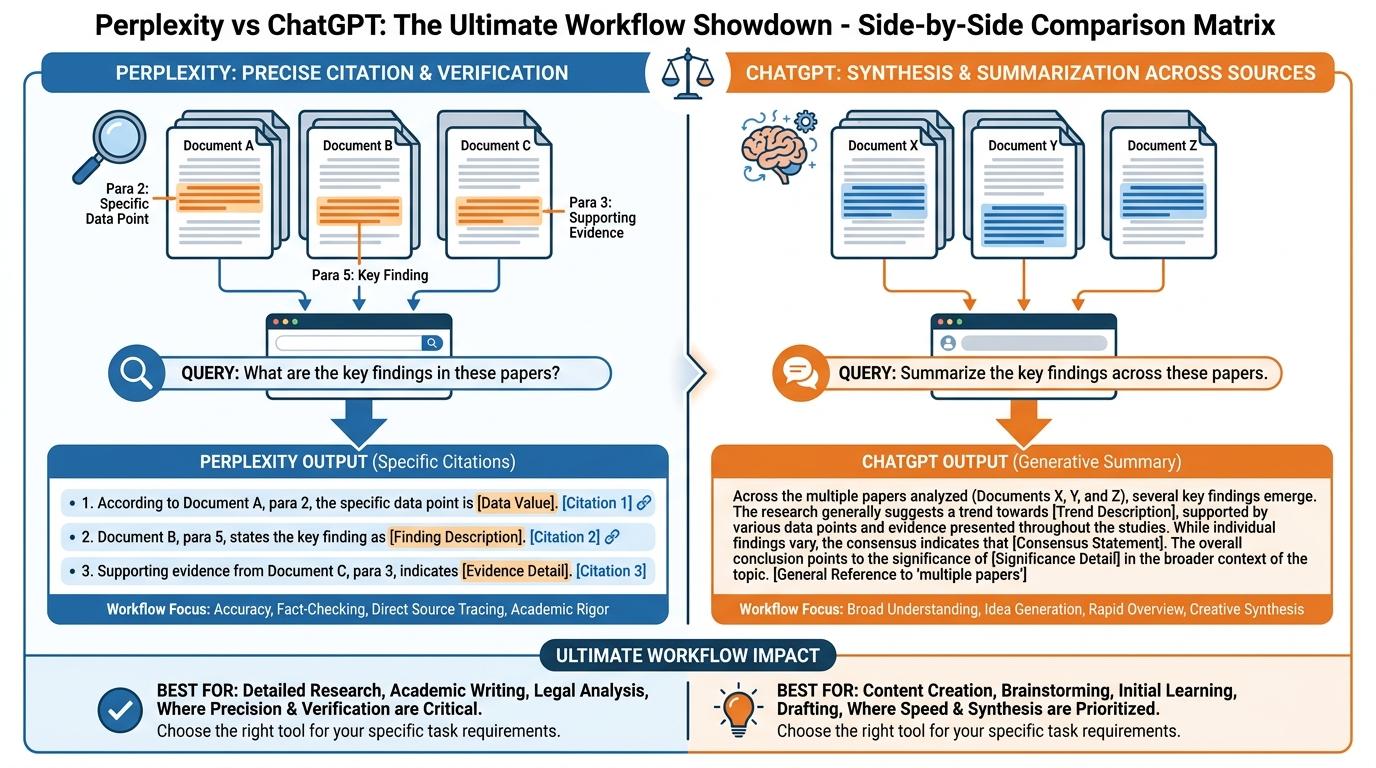 Side-by-side comparison matrix showing Perplexity citing specific document paragraphs versus a generative model summarizing across multiple papers