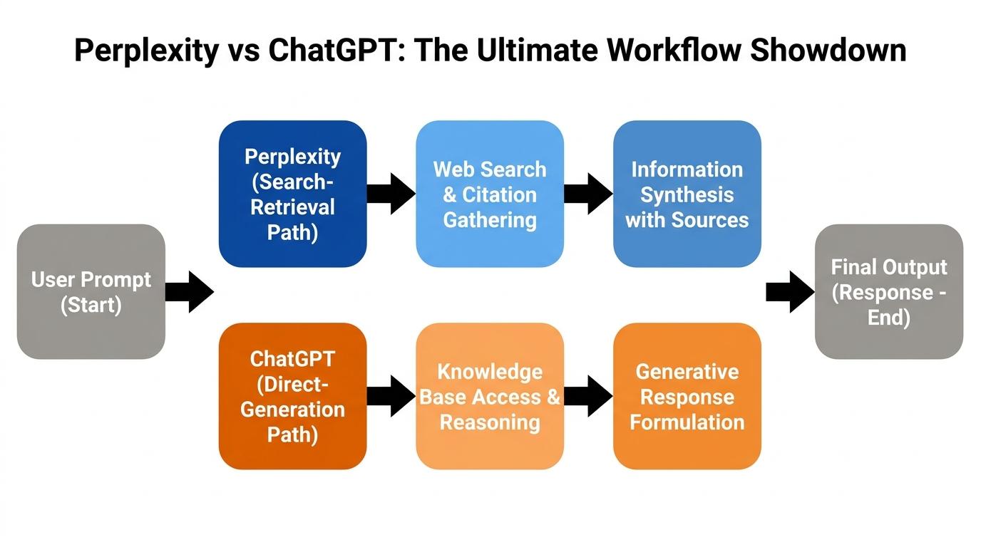 Side-by-side workflow showing a user prompt splitting into a search-retrieval path for Perplexity and a direct-generation path for ChatGPT