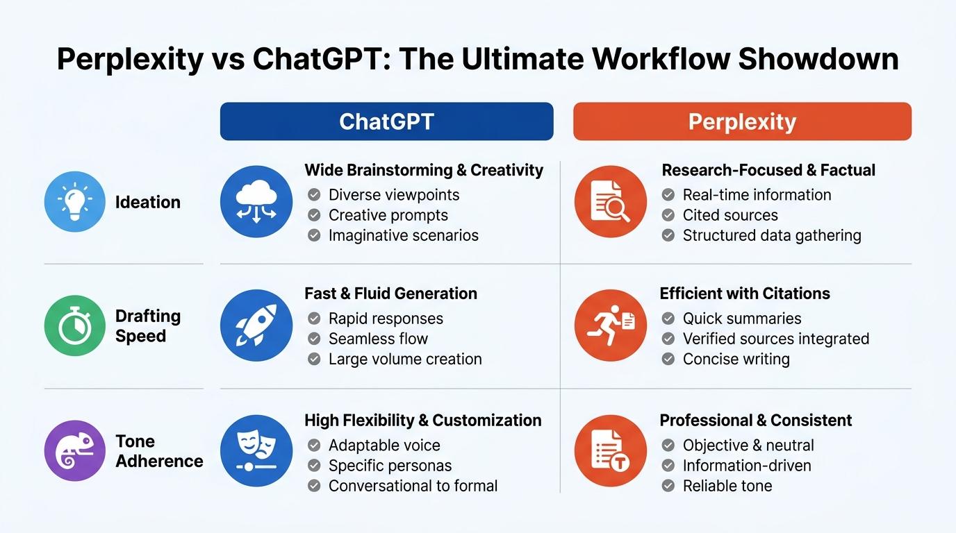 Two-column matrix comparing ChatGPT and Perplexity across ideation, drafting speed, and tone adherence