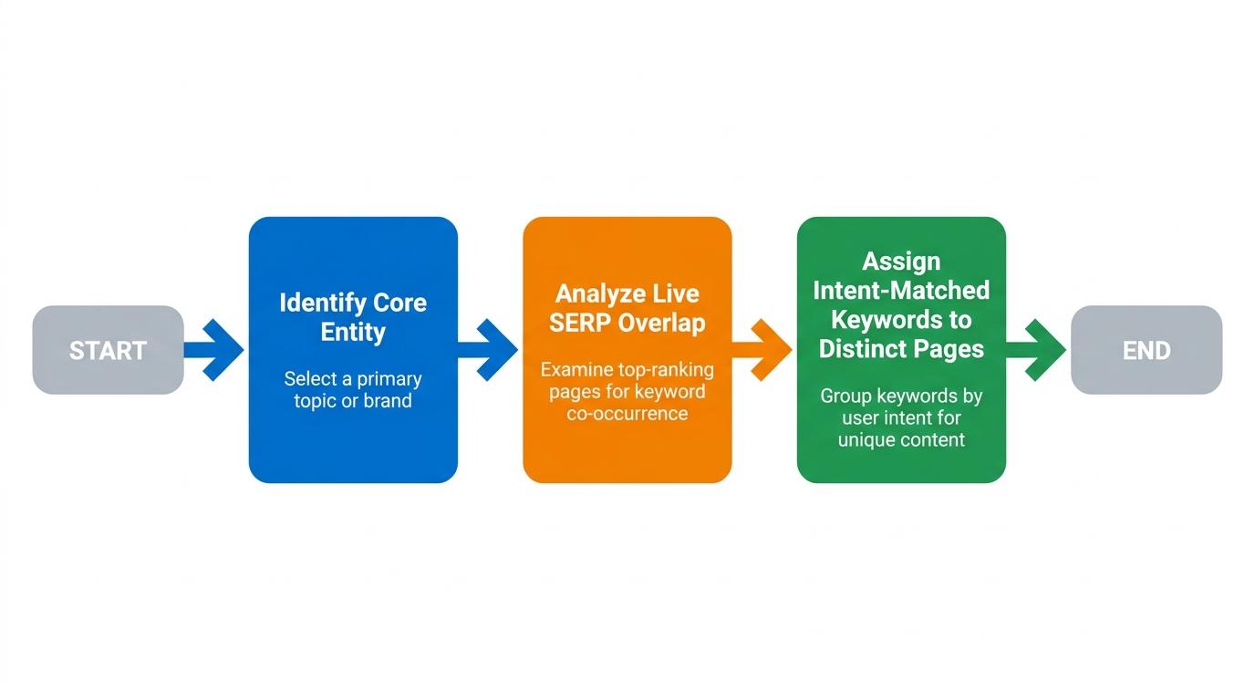 3-step flowchart showing Topics-First Architecture: Identify Core Entity → Analyze Live SERP Overlap → Assign Intent-Matched Keywords to Distinct Pages