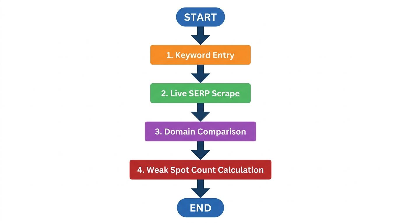 4-step flowchart showing Keyword Entry → Live SERP Scrape → Domain Comparison → Weak Spot Count Calculation