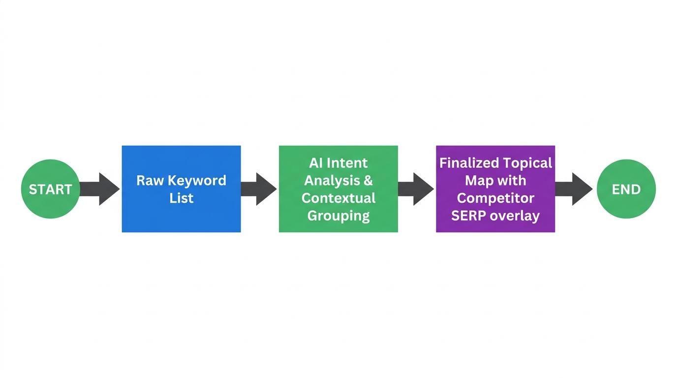 3-step flowchart showing Raw Keyword List → AI Intent Analysis & Contextual Grouping → Finalized Topical Map with Competitor SERP overlay