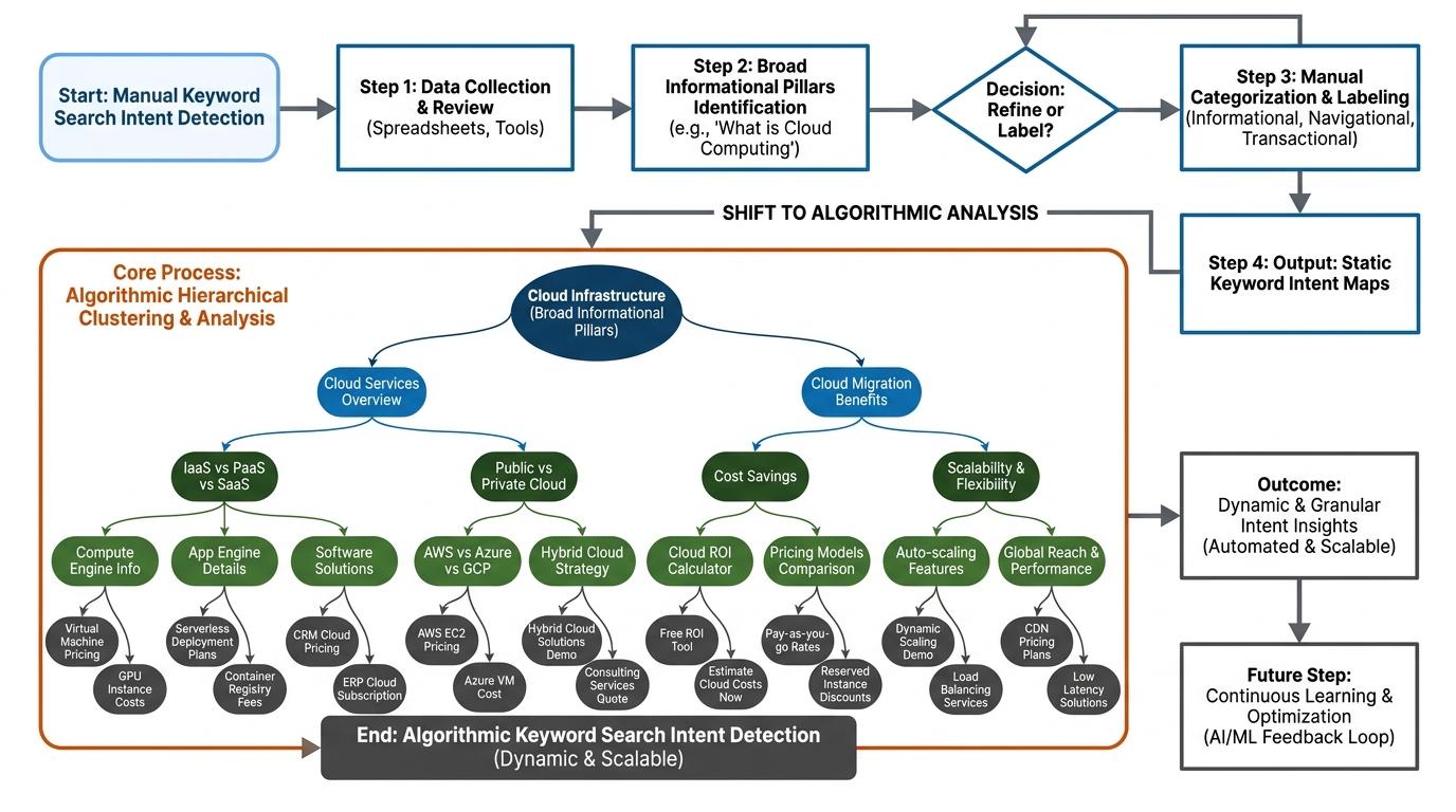Hierarchical map showing agglomerative clustering of "cloud infrastructure" keywords from broad informational pillars down to specific commercial modifiers