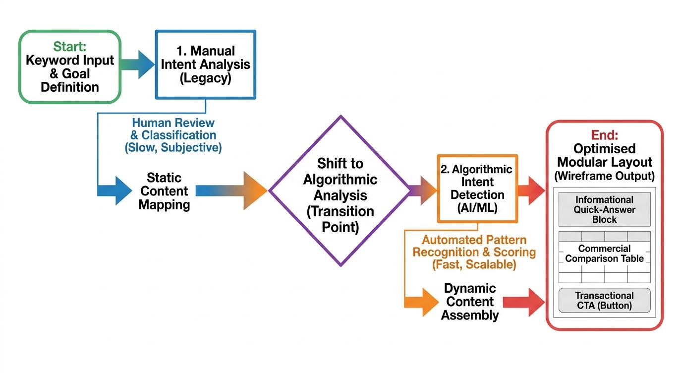 Wireframe of a modular page layout showing an informational quick-answer block at the top, a commercial comparison table in the middle, and a transactional CTA at the bottom