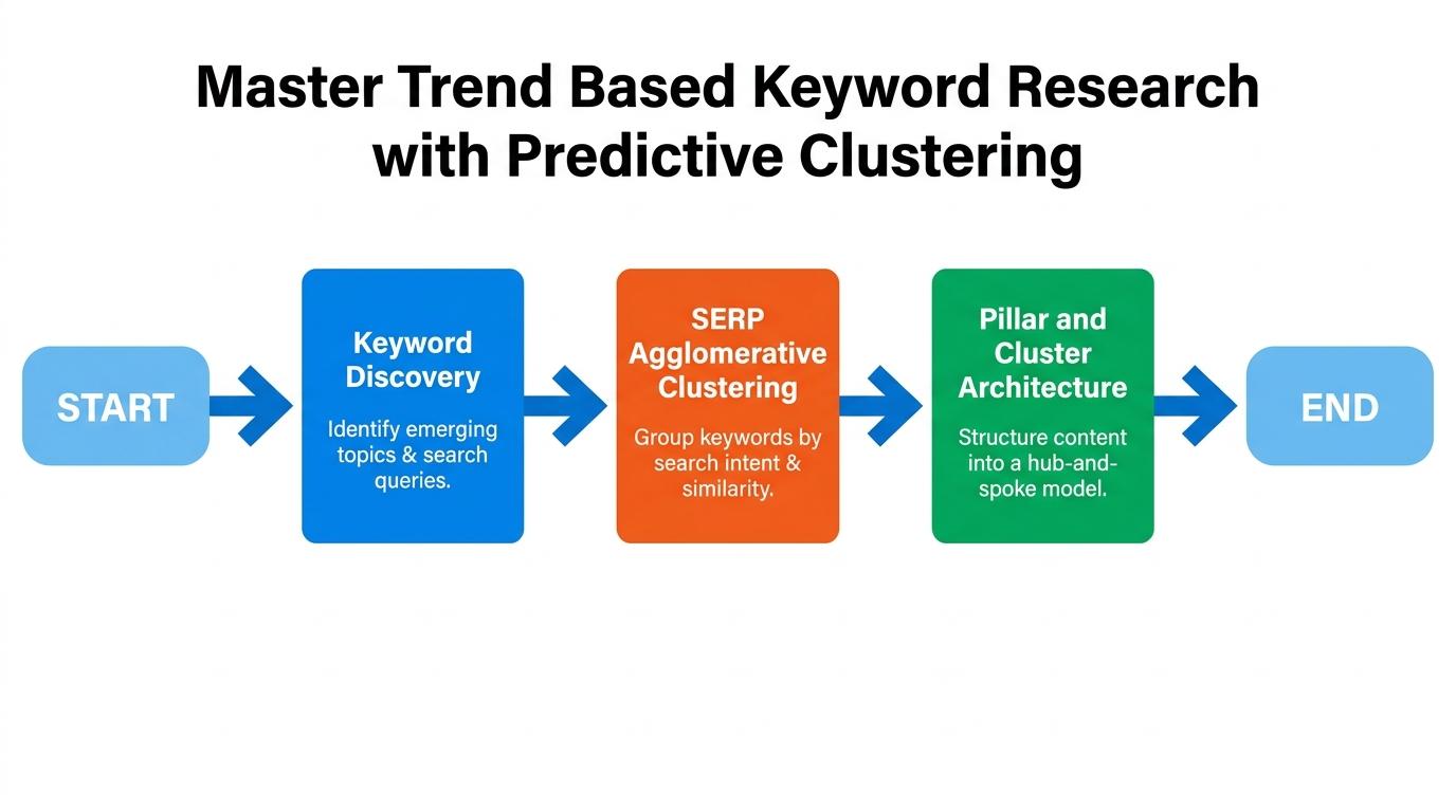 3-step flowchart showing Keyword Discovery mapping to SERP Agglomerative Clustering mapping to Pillar and Cluster Architecture