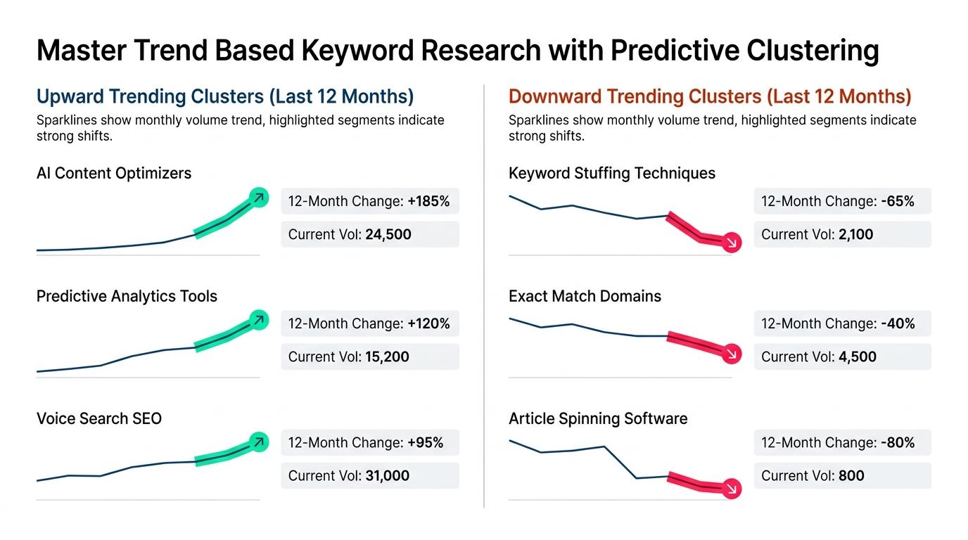 Interactive dashboard showing 12-month trend sparklines with upward and downward trending search queries highlighted