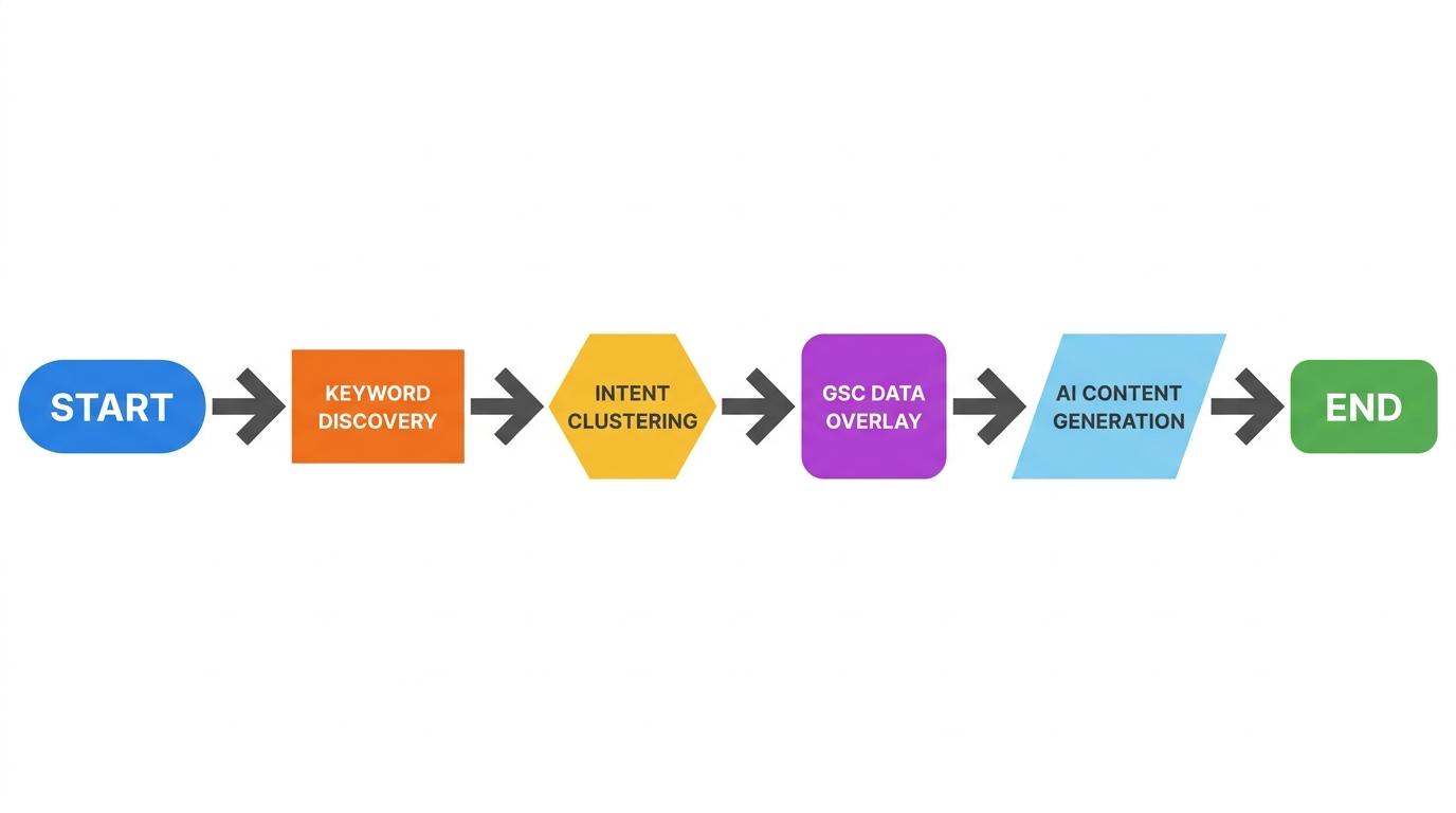 4-step flowchart showing Keyword Discovery → Intent Clustering → GSC Data Overlay → AI Content Generation